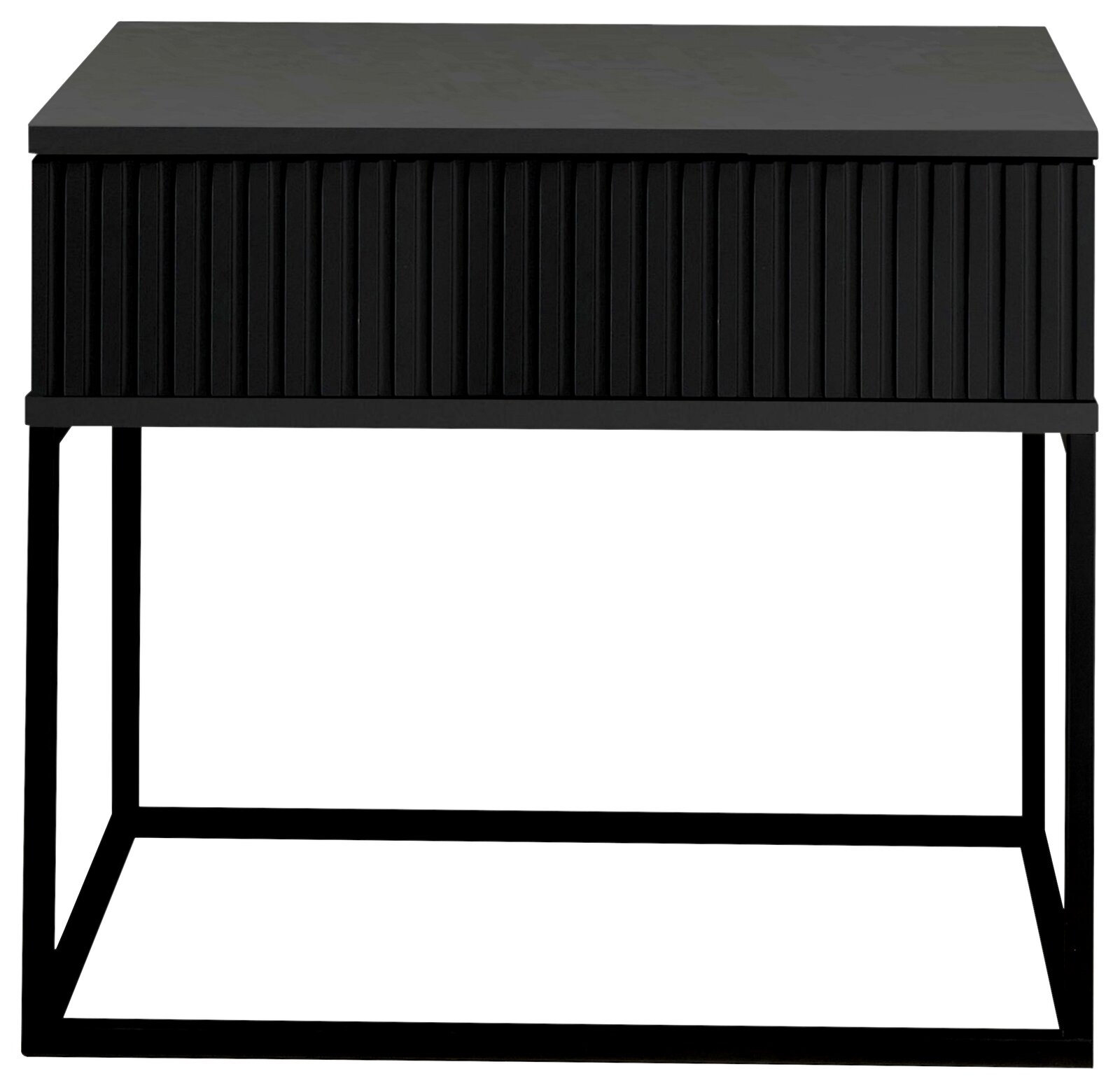 Schwarze Nachtkommode mit geriffelter Front und Metallgestell, Frontalansicht