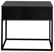 Schwarze Nachtkommode mit geriffelter Front und Metallgestell, Frontalansicht