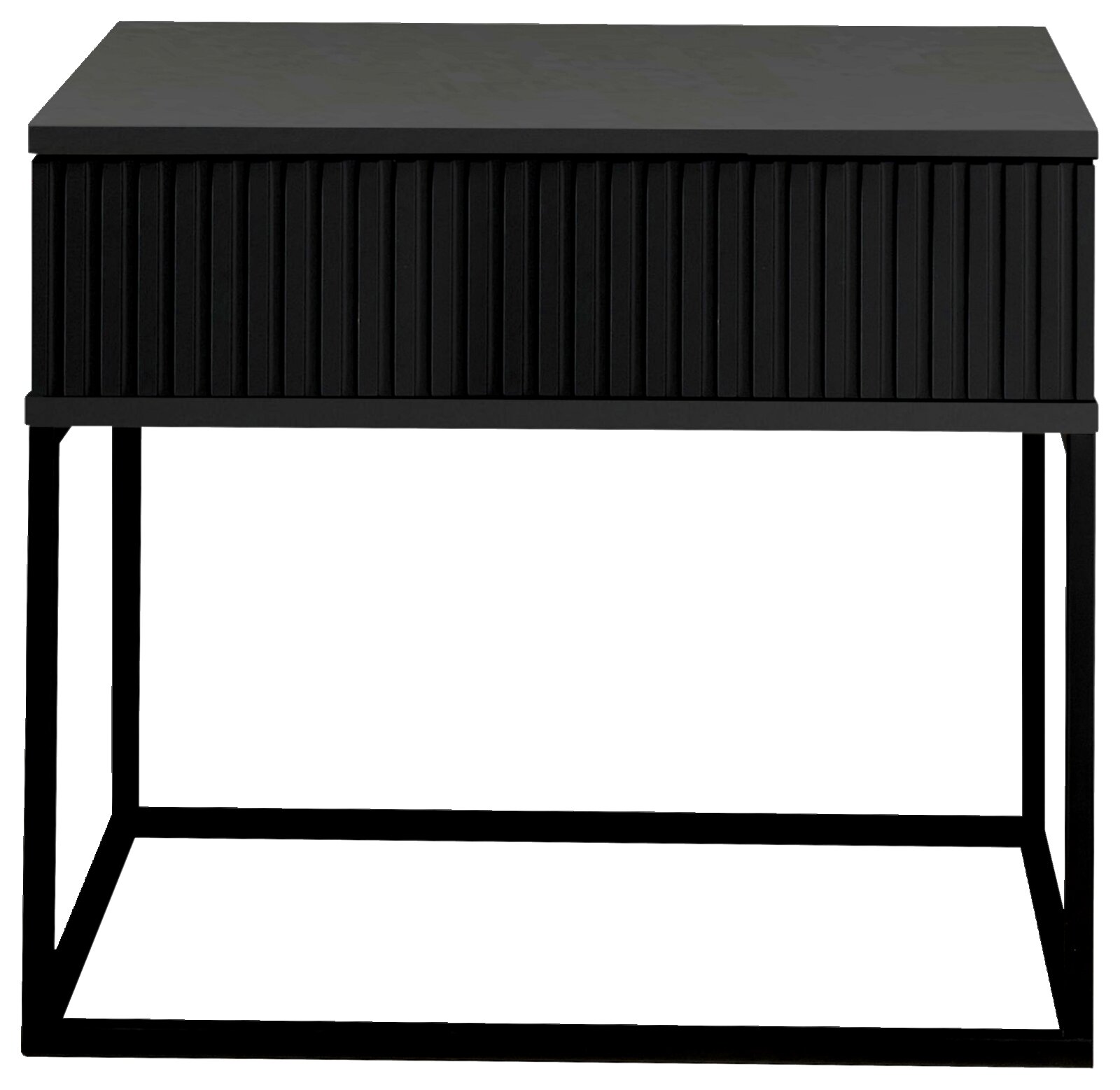 Schwarze Nachtkommode mit geriffelter Front und Metallgestell, Frontalansicht