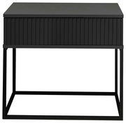 Schwarze Nachtkommode mit geriffelter Front und Metallgestell, Frontalansicht