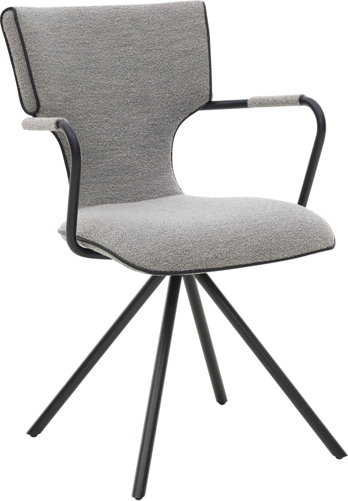 Gepolsterter Armlehnstuhl in hellgrauem Bouclé-Stoff mit schwarzem Metallgestell und Sternfuß, freigestellt auf weißem Hintergrund, Ansicht schräg von vorne