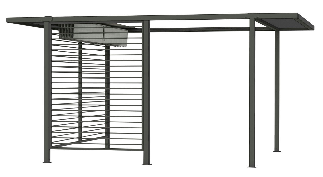 Metallische Dacherweiterung mit Lamellen, seitliche Perspektive