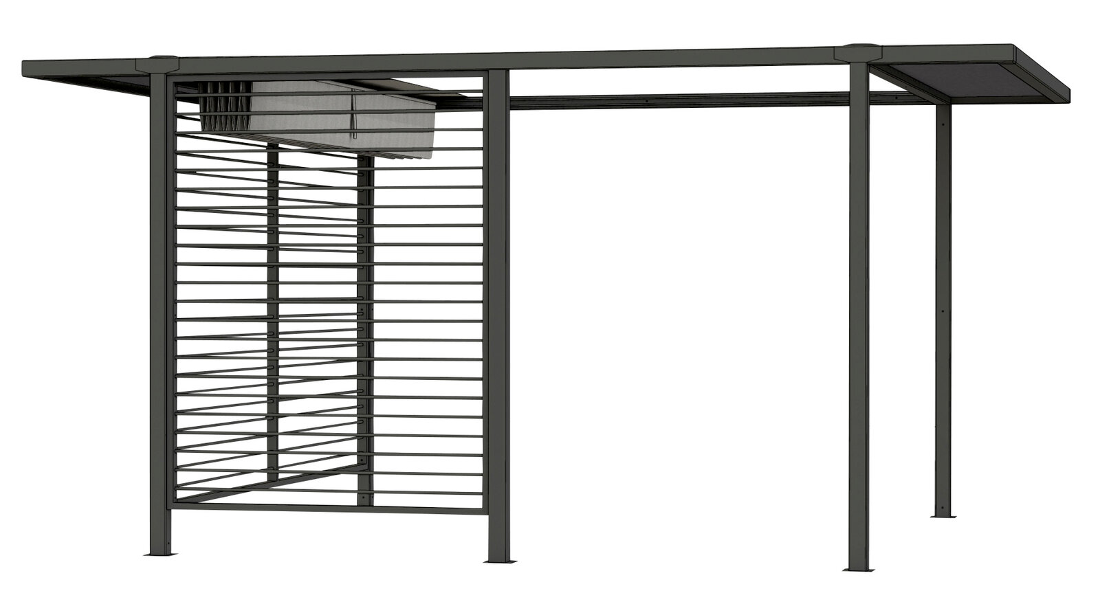 Metallische Dacherweiterung mit Lamellen, seitliche Perspektive