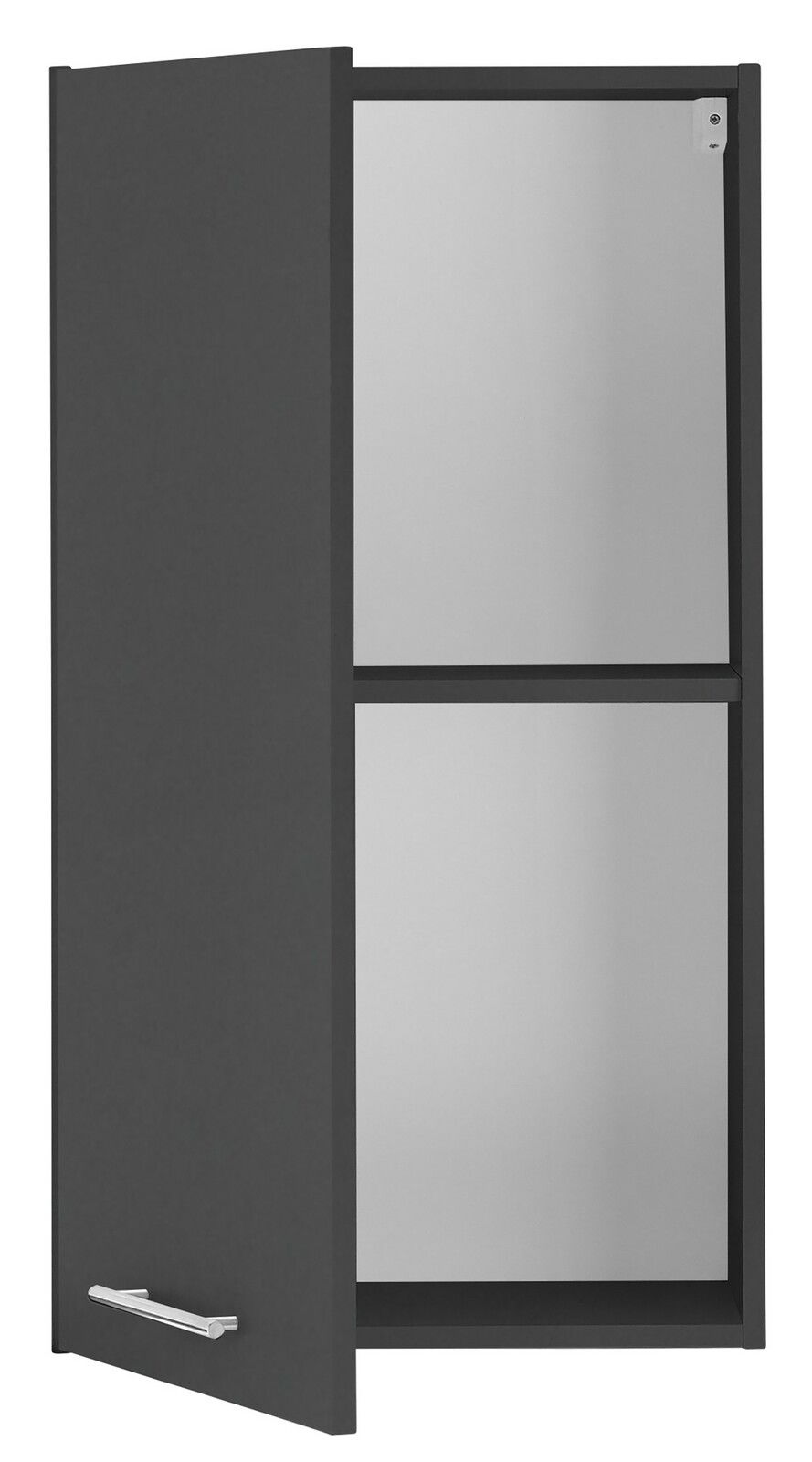 Offener Hängeschrank in dunkler Farbe mit zwei Fächern, seitliche Perspektive