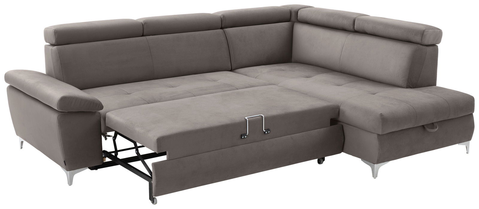 Graues Ecksofa mit Schlaffunktion, ausgezogen, Perspektive von vorne links