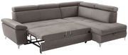 Graues Ecksofa mit Schlaffunktion, ausgezogen, Perspektive von vorne links