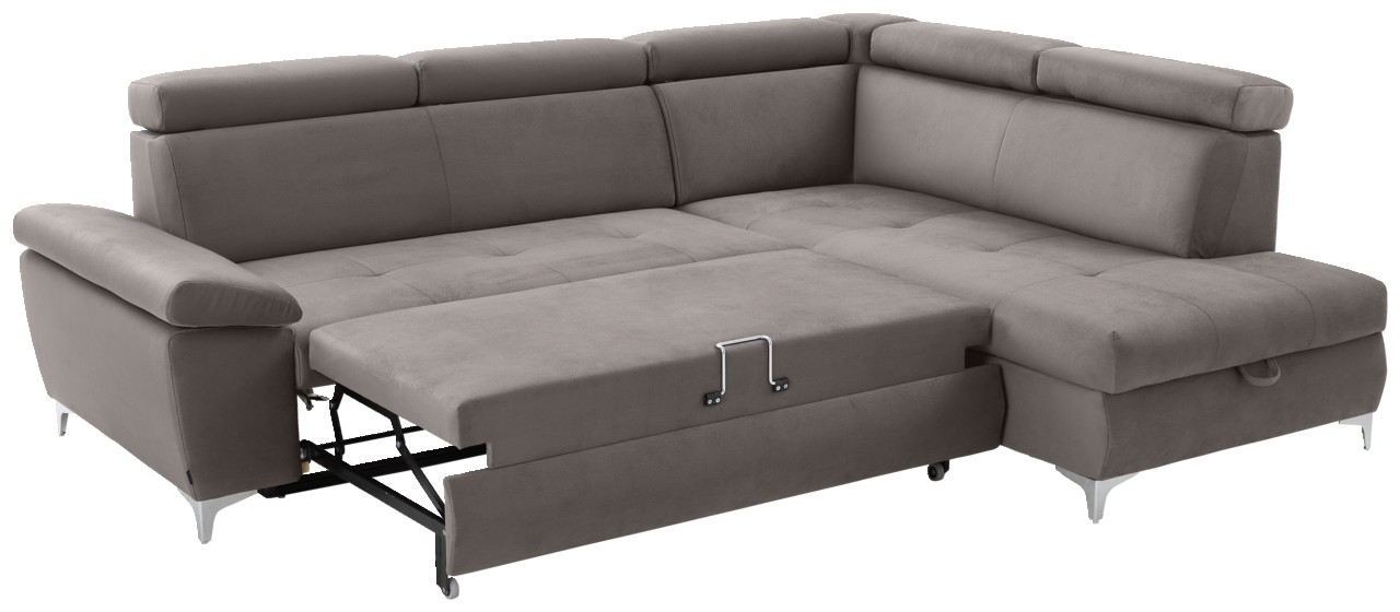 Graues Ecksofa mit Schlaffunktion, ausgezogen, Perspektive von vorne links