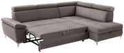 Graues Ecksofa mit Schlaffunktion, ausgezogen, Perspektive von vorne links