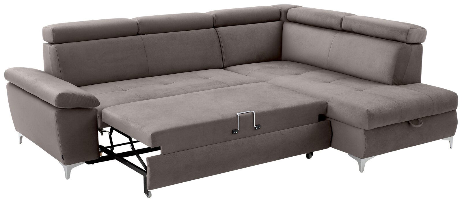 Graues Ecksofa mit Schlaffunktion, ausgezogen, Perspektive von vorne links