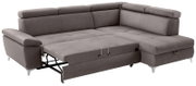 Graues Ecksofa mit Schlaffunktion, ausgezogen, Perspektive von vorne links