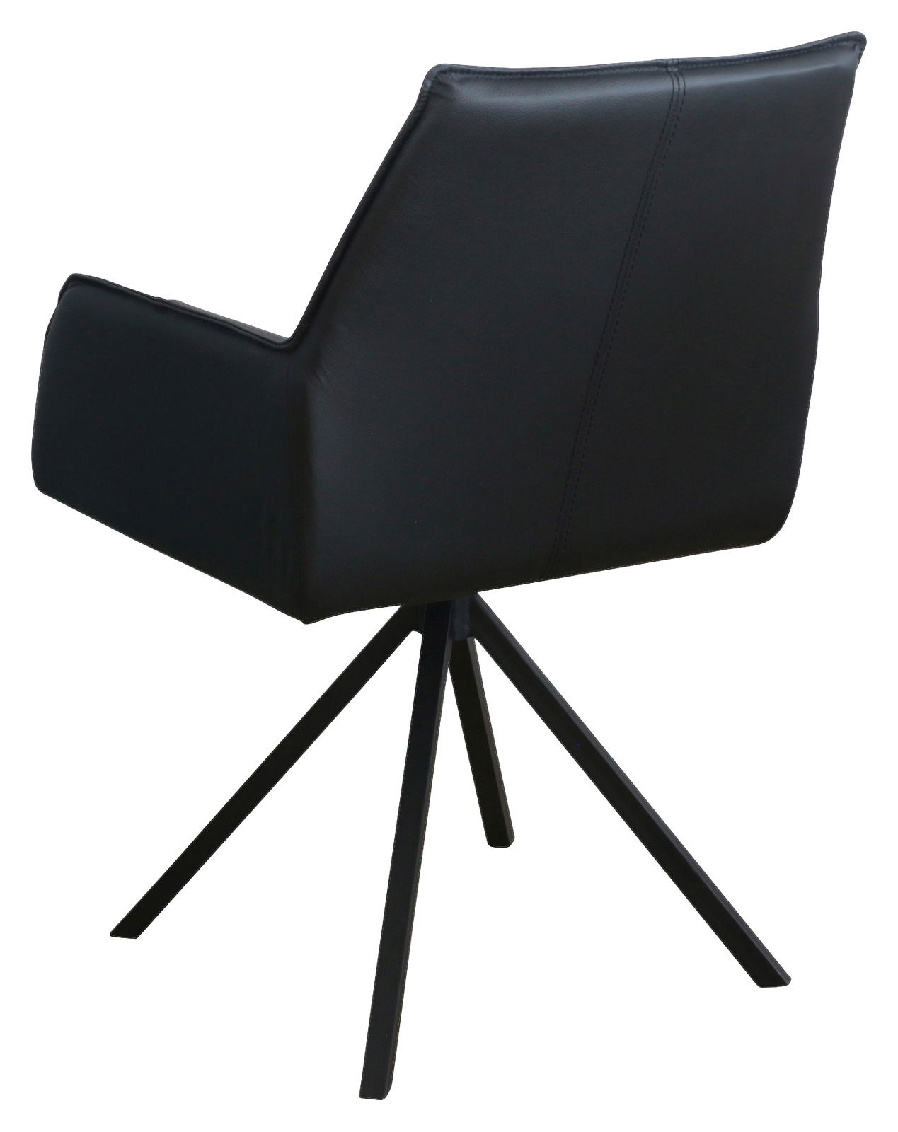 Rückansicht eines schwarzen Armlehnstuhls mit vierbeinigem Metallgestell