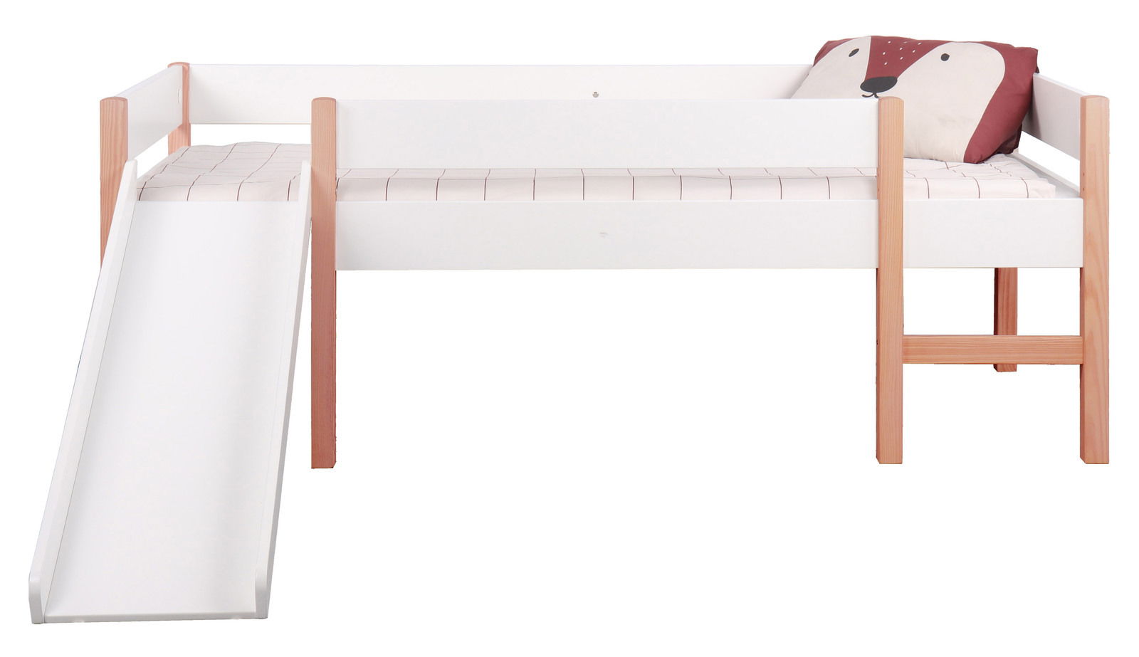 Kinderbett mit Rutsche und Kissen in Fuchsform, seitliche Perspektive