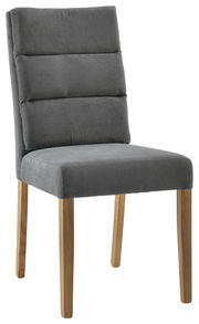 Grauer Polsterstuhl mit Holzbeinen, seitliche Perspektive