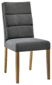 Grauer Polsterstuhl mit Holzbeinen, seitliche Perspektive