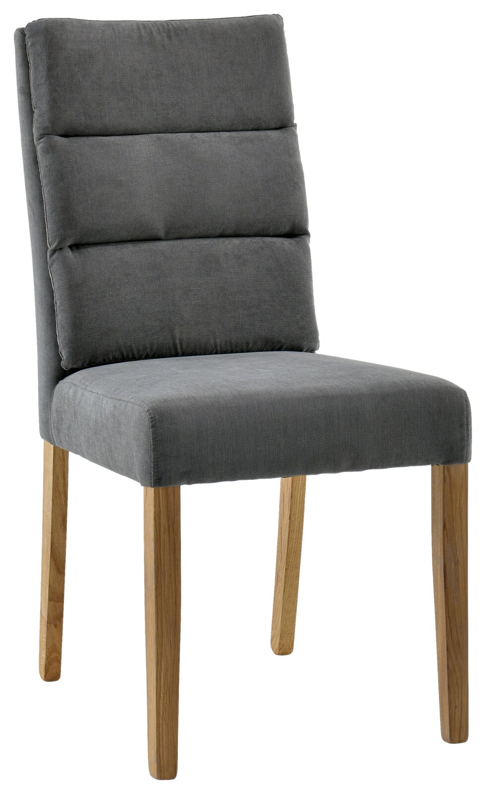 Grauer Polsterstuhl mit Holzbeinen, seitliche Perspektive