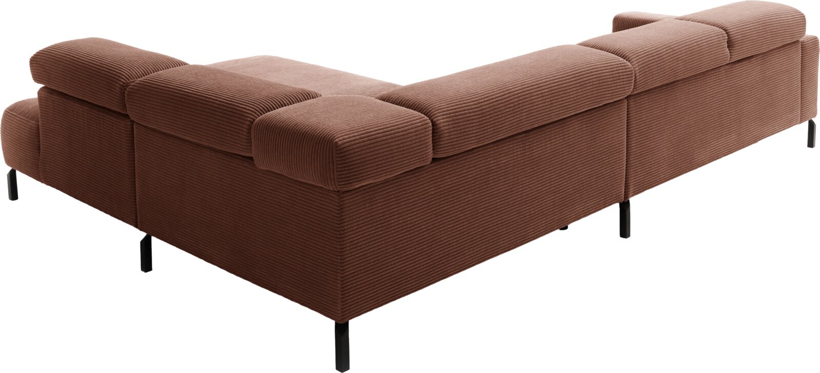 Ruime modulaire hoekbank van bruin ribcord met brede armleuningen en zwarte metalen poten, gezien vanuit schuin achteraanzicht.