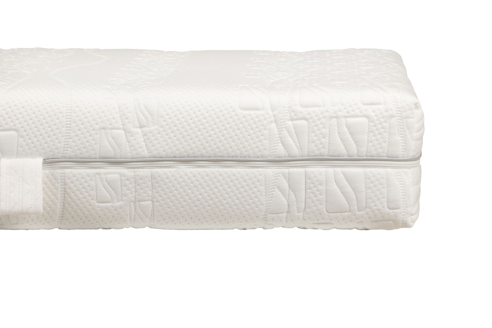 Seitenansicht einer weißen Komfortschaummatratze H2 mit strukturiertem Bezug und Reißverschluss.