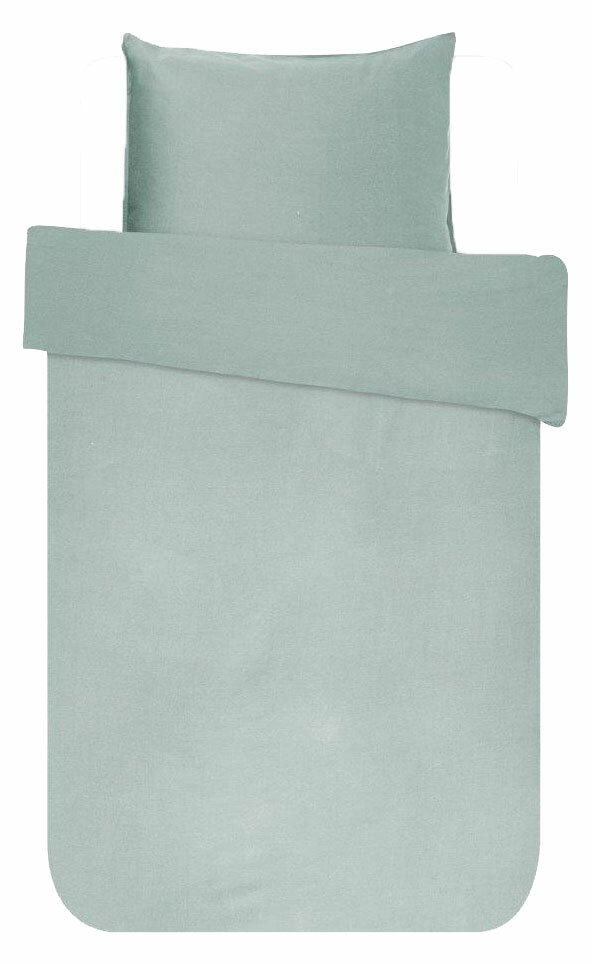 Bettwäsche-Set in hellem Grün, bestehend aus einem Kissenbezug und einem Bettdeckenbezug, aus der Vogelperspektive fotografiert.