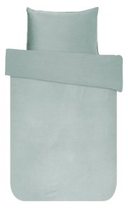 Bettwäsche-Set in hellem Grün, bestehend aus einem Kissenbezug und einem Bettdeckenbezug, aus der Vogelperspektive fotografiert.