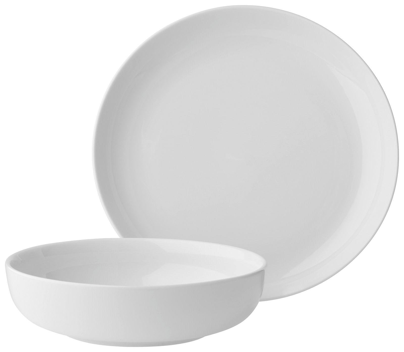 Weißes Tafelservice bestehend aus einem flachen und einem tiefen Teller, seitliche Perspektive.