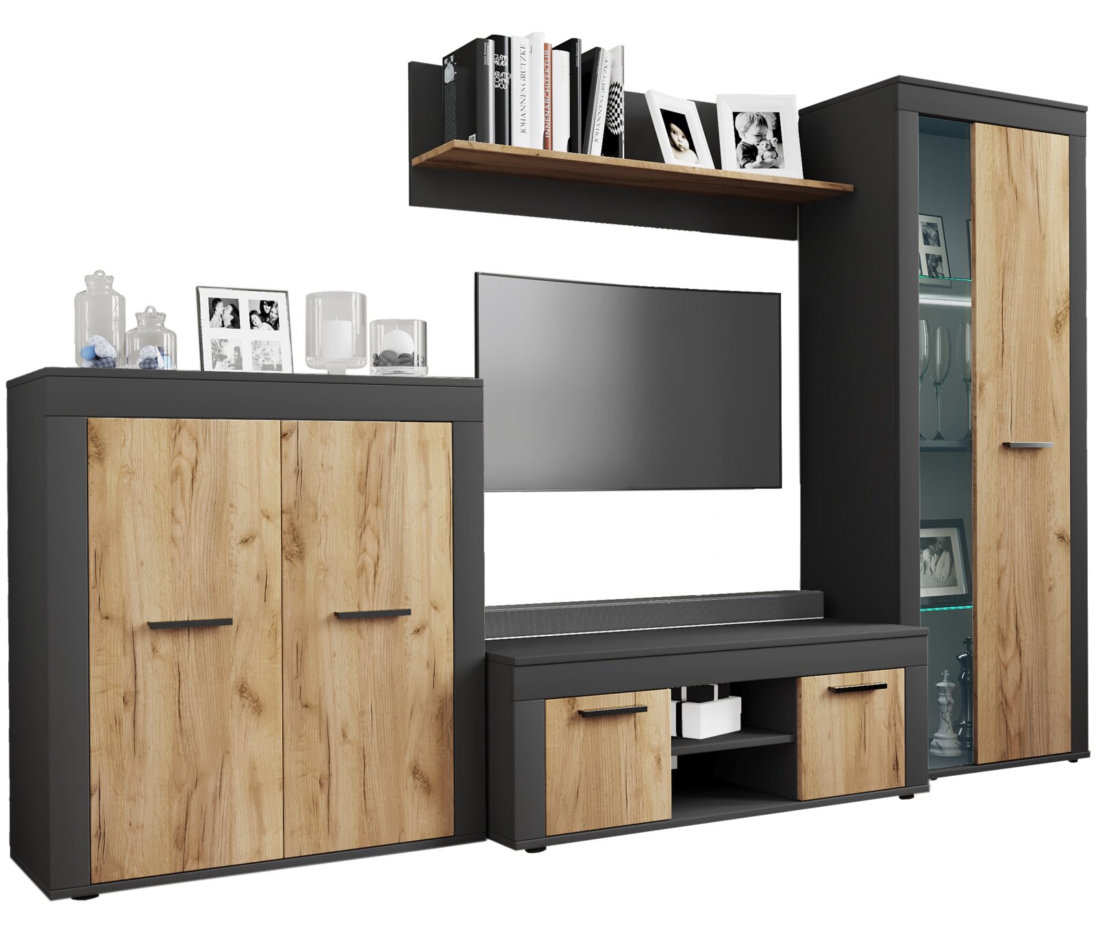 VCM 4-tlg. Wohnwand USILO Moderne Wohnwand in Anthrazit mit Holzoptik-Fronten, TV-Board, Sideboard, Hängeregal und Vitrine mit Glas und LED-Beleuchtung, dargestellt in frontaler Perspektive