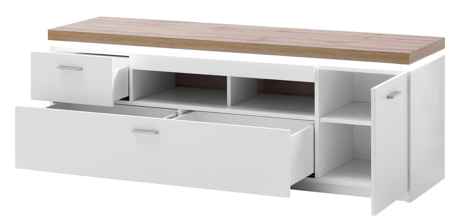 Weißes TV-Element mit Holzoberfläche, offenen Schubladen und Türen, seitliche Perspektive