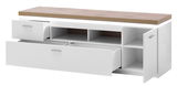 Weißes TV-Element mit Holzoberfläche, offenen Schubladen und Türen, seitliche Perspektive