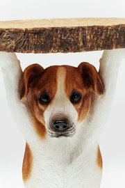 Beistelltisch in Form eines Hundes, der eine Tischplatte aus Holz über dem Kopf hält, Frontalansicht