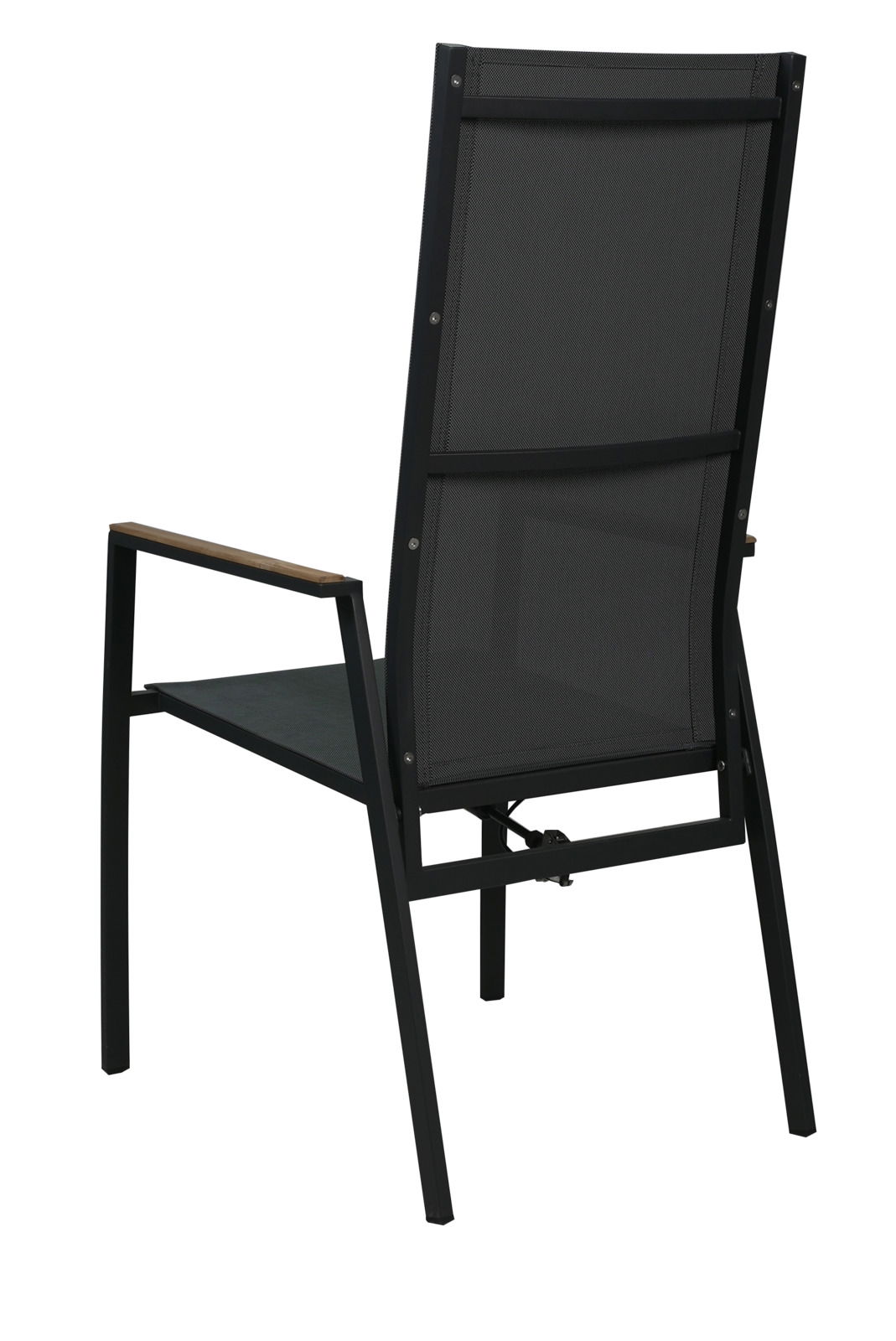 Rückansicht eines modernen Stapelstuhls mit schwarzem Metallrahmen und Armlehnen aus Holz.