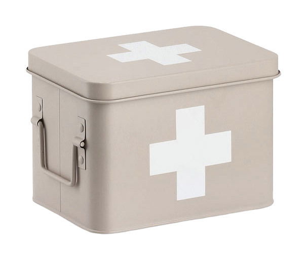Beige Medizinbox mit weißem Kreuz, seitliche Perspektive