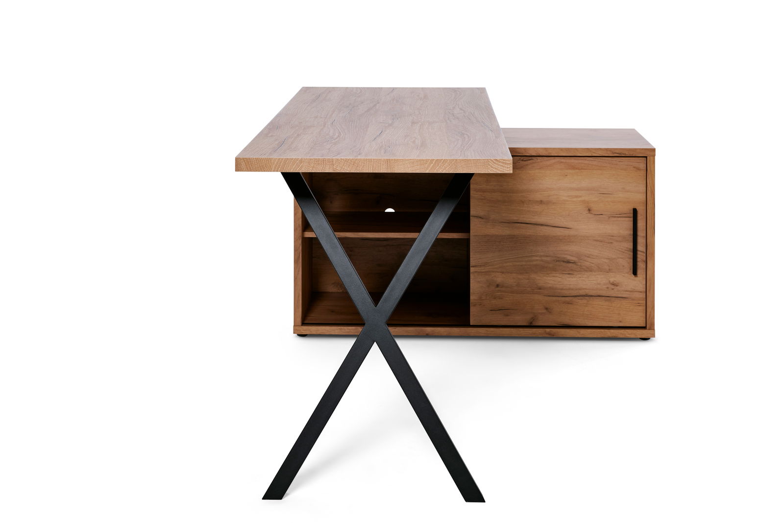 Moderner Eck-Schreibtisch mit Holzoberfläche und schwarzem Metallgestell, seitliche Perspektive