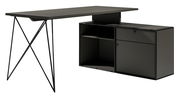Moderner Winkelschreibtisch mit Kommode in dunklem Design, seitliche Perspektive