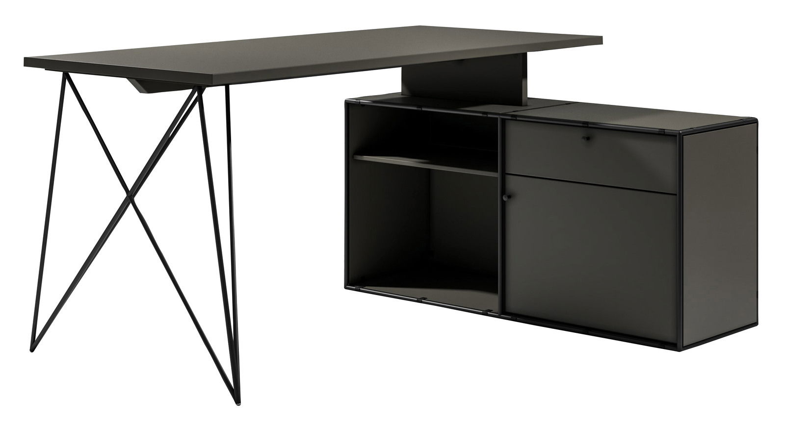 Moderner Winkelschreibtisch mit Kommode in dunklem Design, seitliche Perspektive