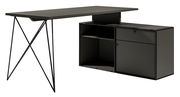 Moderner Winkelschreibtisch mit Kommode in dunklem Design, seitliche Perspektive