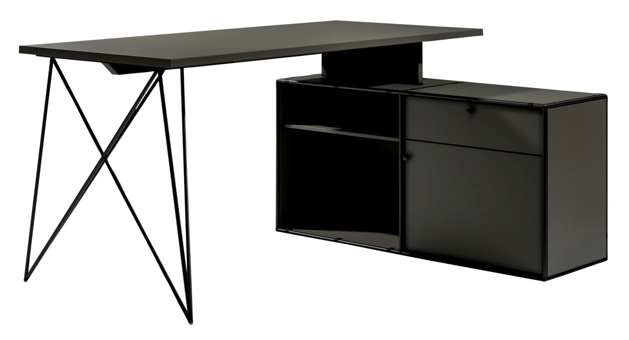 Moderner Winkelschreibtisch mit Kommode in dunklem Design, seitliche Perspektive