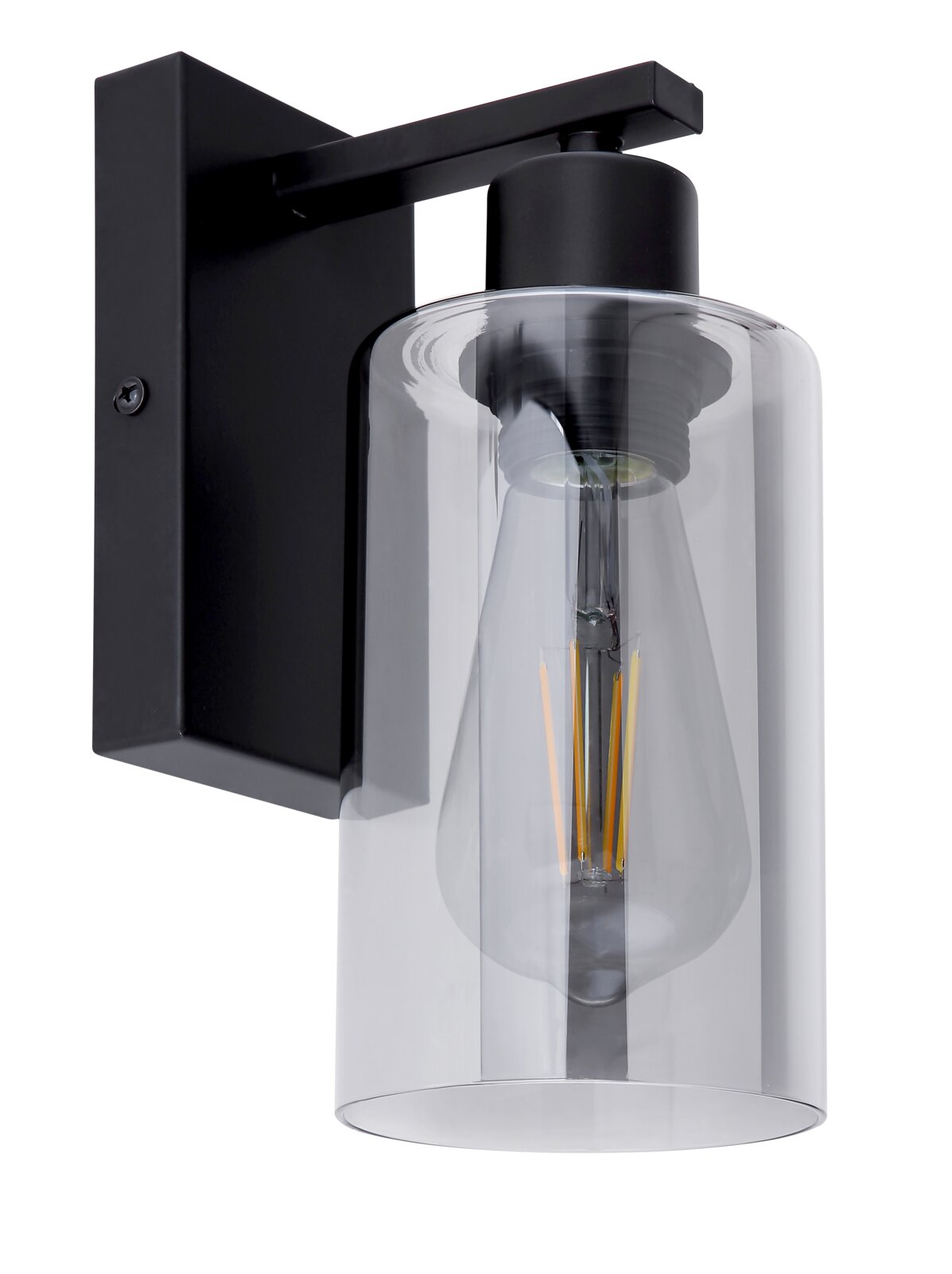Moderne Wandleuchte mit schwarzem Metallrahmen und klarem Glaszylinder, seitliche Perspektive