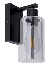 Moderne Wandleuchte mit schwarzem Metallrahmen und klarem Glaszylinder, seitliche Perspektive