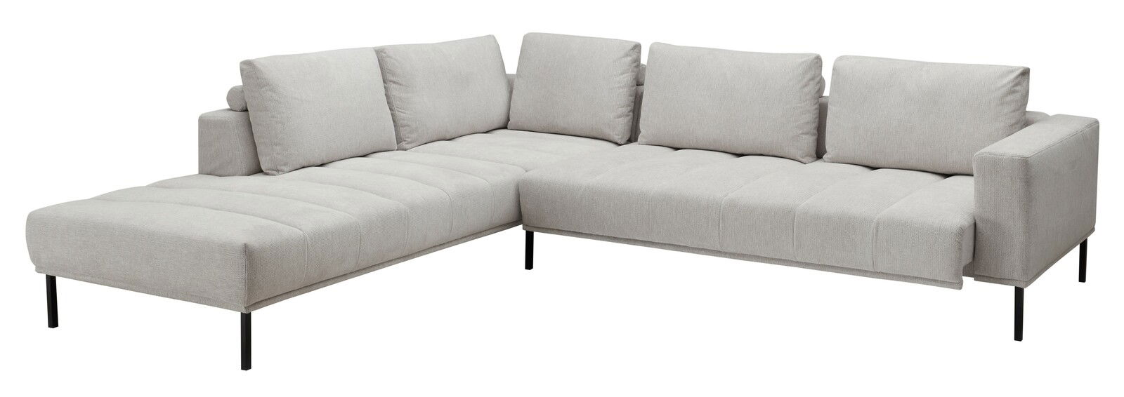 Eckgarnitur in hellem Grau, moderne L-Form mit schwarzen Metallfüßen, Perspektive von vorne links