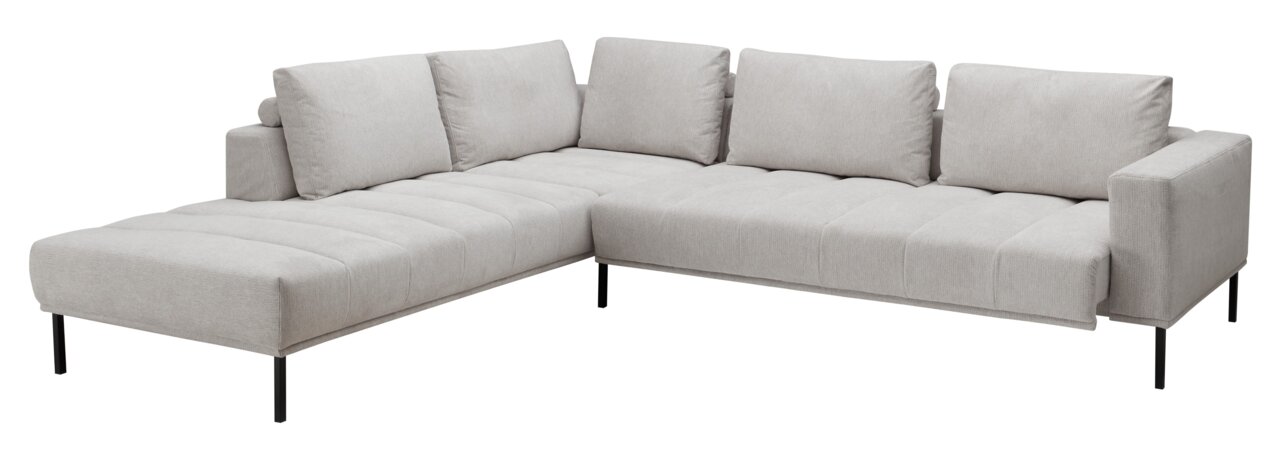 Pure Home Lifestyle Ecksofa PURE 9132 Eckgarnitur in hellem Grau, moderne L-Form mit schwarzen Metallfüßen, Perspektive von vorne links