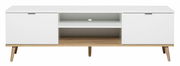 Modernes weißes TV-Lowboard mit Holzbeinen, zwei Türen und einem offenen Fach, Frontalansicht.