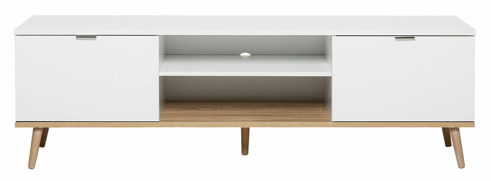 Modernes weißes TV-Lowboard mit Holzbeinen, zwei Türen und einem offenen Fach, Frontalansicht.