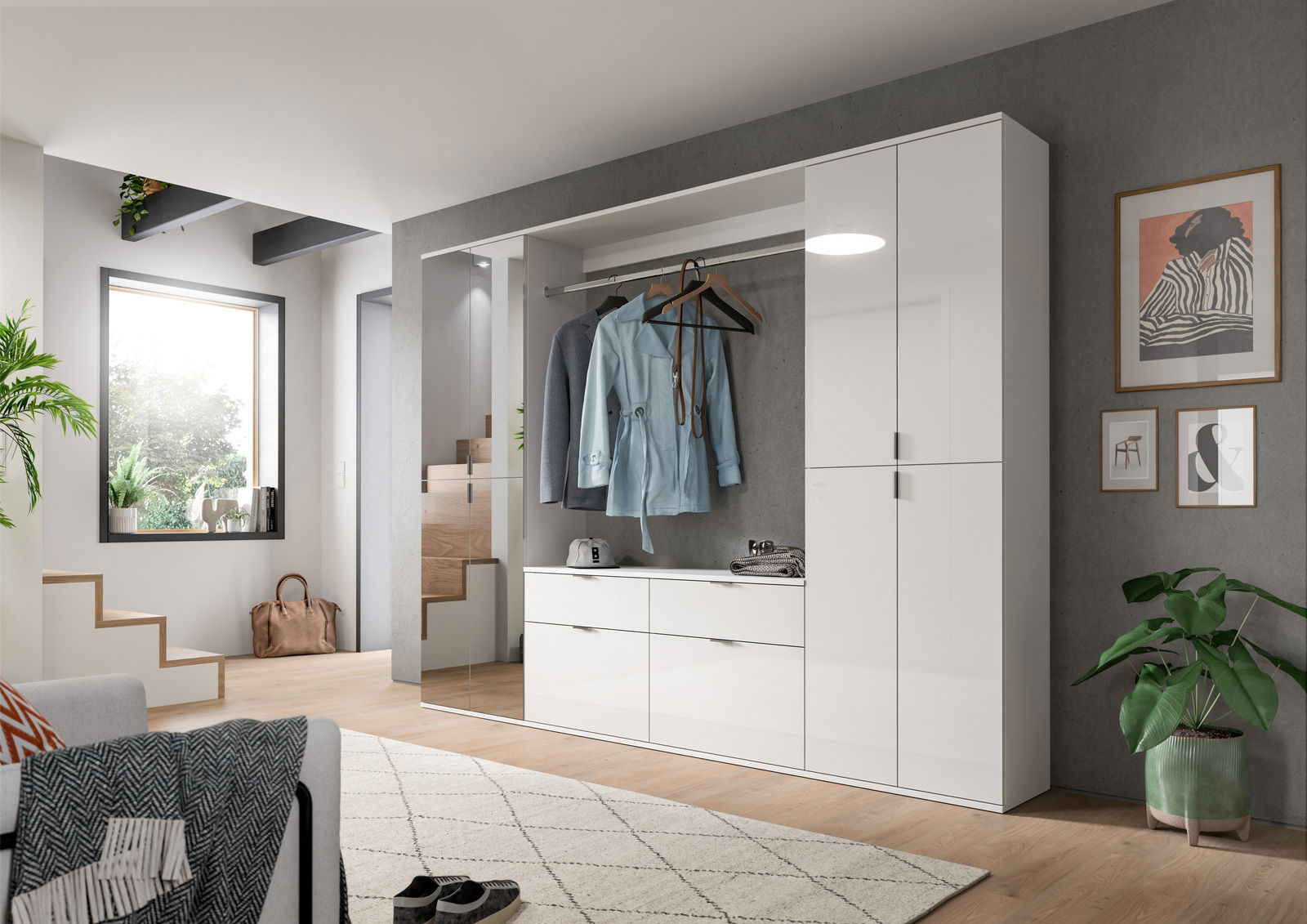 MID.YOU Spiegelschrank PROJEKT X Moderner Spiegelschrank in einem stilvollen Wohnzimmer, frontal betrachtet, mit hängender Kleidung und dekorativen Elementen.