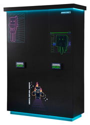 Schwarzer dreitüriger Kleiderschrank mit Minecraft-Design und leuchtenden Akzenten, seitliche Perspektive