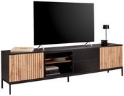 XL-TV-Lowboard mit Holz- und Metallelementen, frontal abgebildet, mit Büchern, Lampe und Fernseher dekoriert.