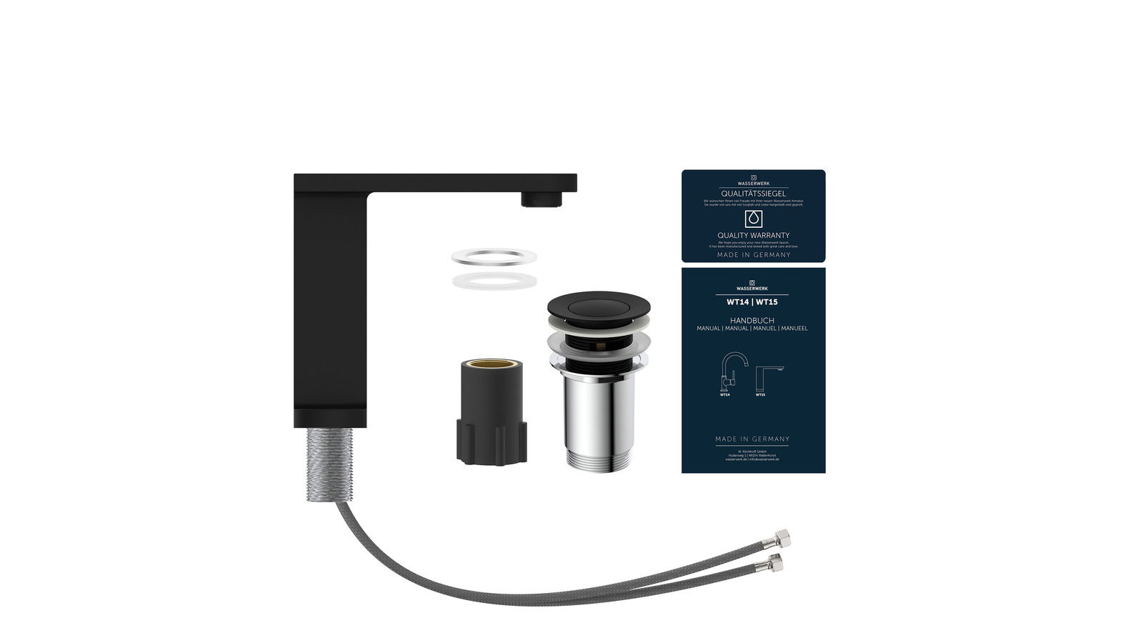 Moderne schwarze Waschtischarmatur mit Zubehör, seitliche Perspektive