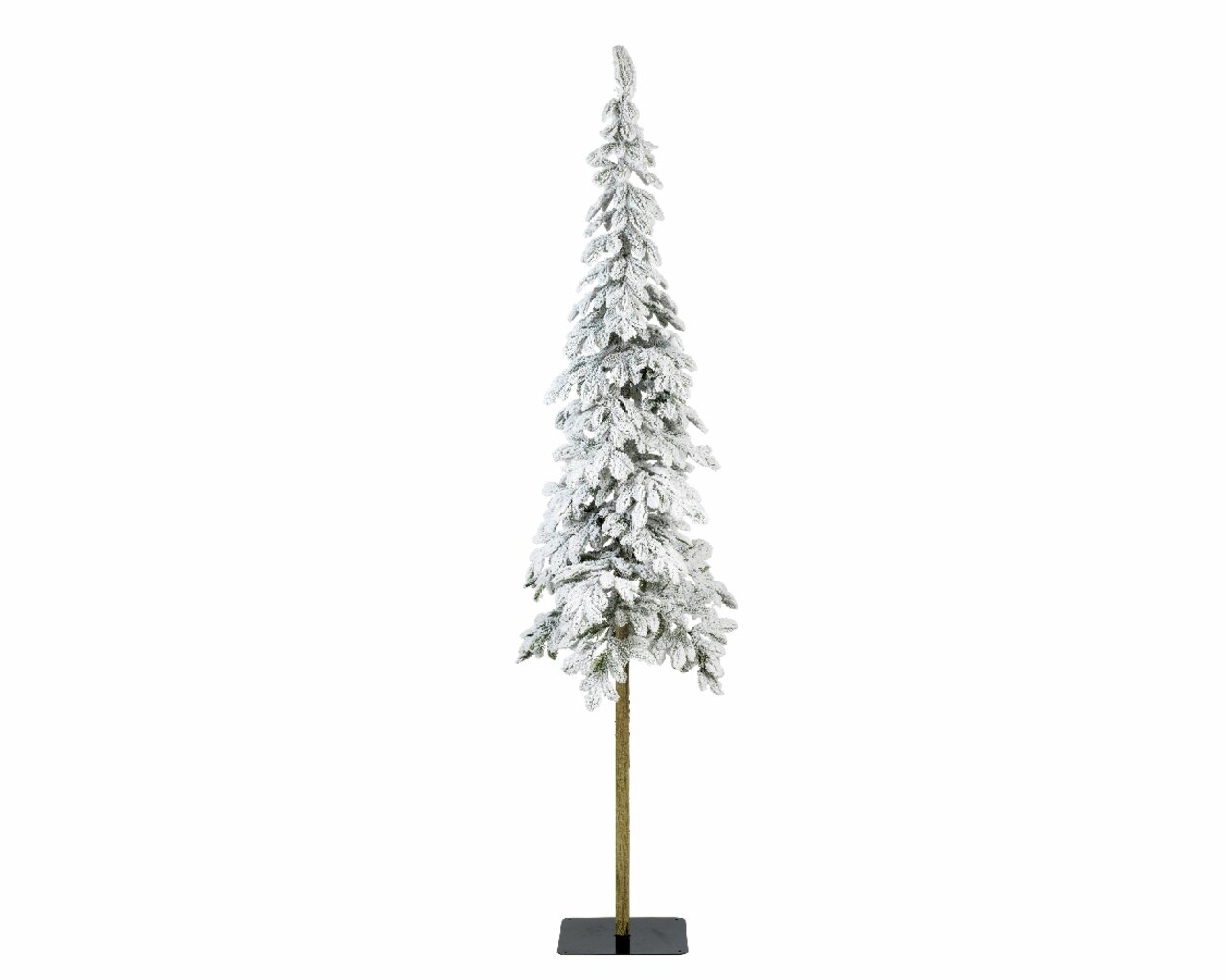 Schneebedeckte künstliche Tanne mit schlankem Design, frontal abgebildet auf weißem Hintergrund.