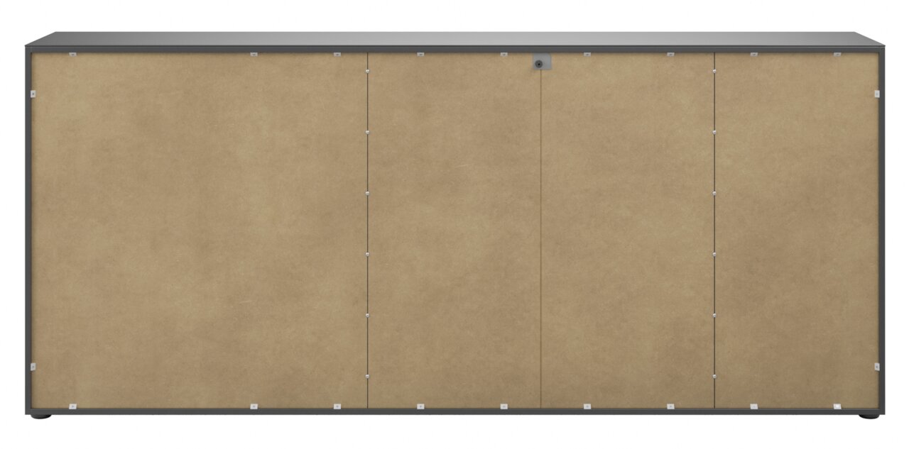 Achterkant van een XXL-dressoir met een strakke houtlook en een grijs frame