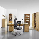 Moderner Rollcontainer aus Holz in einem stilvollen Büro, seitliche Perspektive.