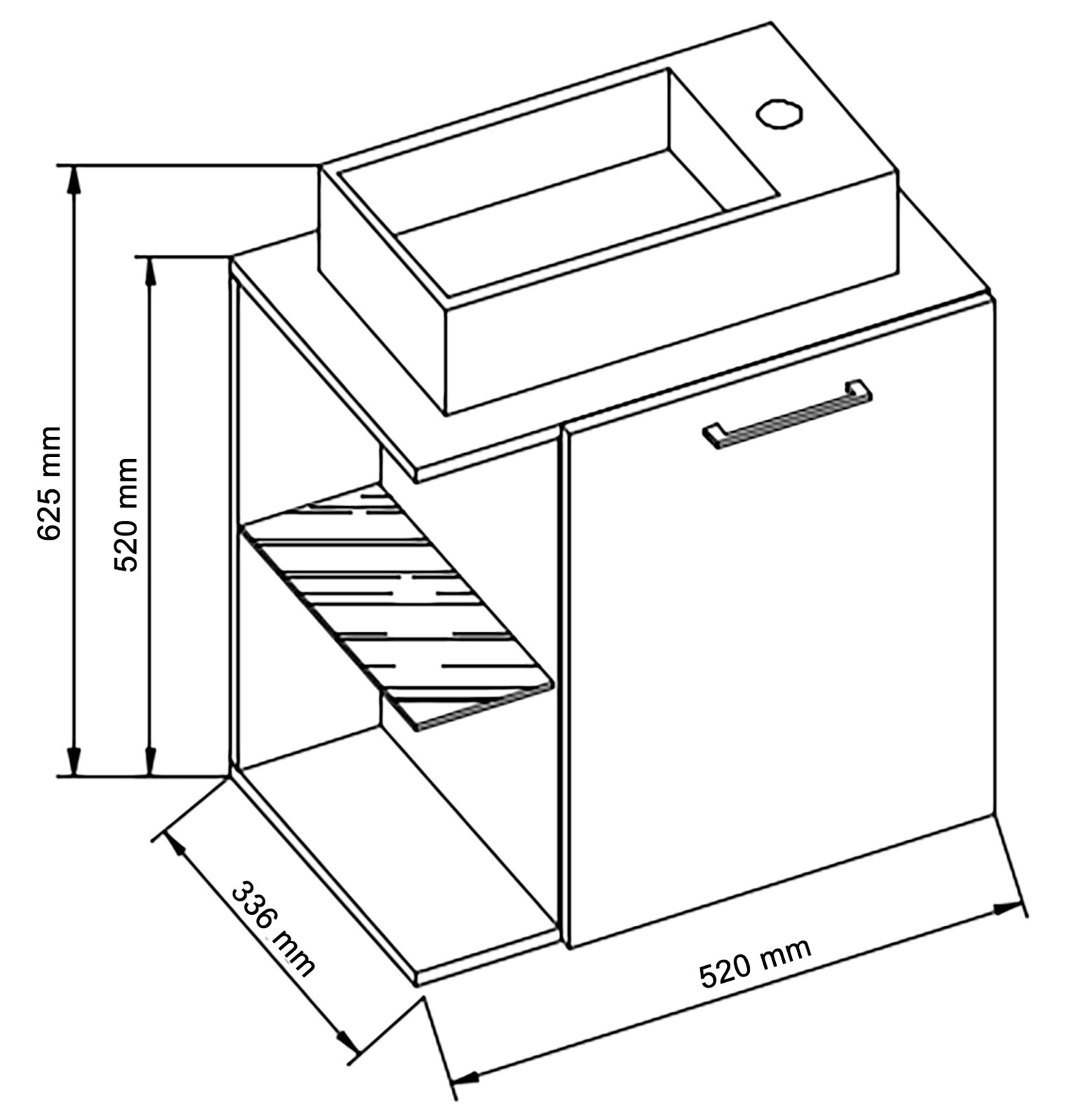 Technische Zeichnung eines Badezimmer-Unterschranks mit integrierter Waschschale, rechts mit Tür und Griff, links offenes Fach mit Ablage; Maße ca. 520 mm Breite, 336 mm Tiefe, 625 mm Höhe (Frontansicht in leichter Schrägperspektive von oben).
