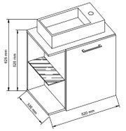 Technische Zeichnung eines Badezimmer-Unterschranks mit integrierter Waschschale, rechts mit Tür und Griff, links offenes Fach mit Ablage; Maße ca. 520 mm Breite, 336 mm Tiefe, 625 mm Höhe (Frontansicht in leichter Schrägperspektive von oben).